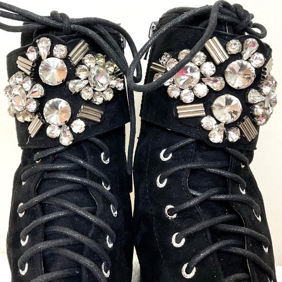 BLACK SUEDE ROUNDED TOE SIDE ZIP BUCKLE LACE UP ANKLE BOOTS WITH CRYSTAL DETAIL - Picture 4 of 16